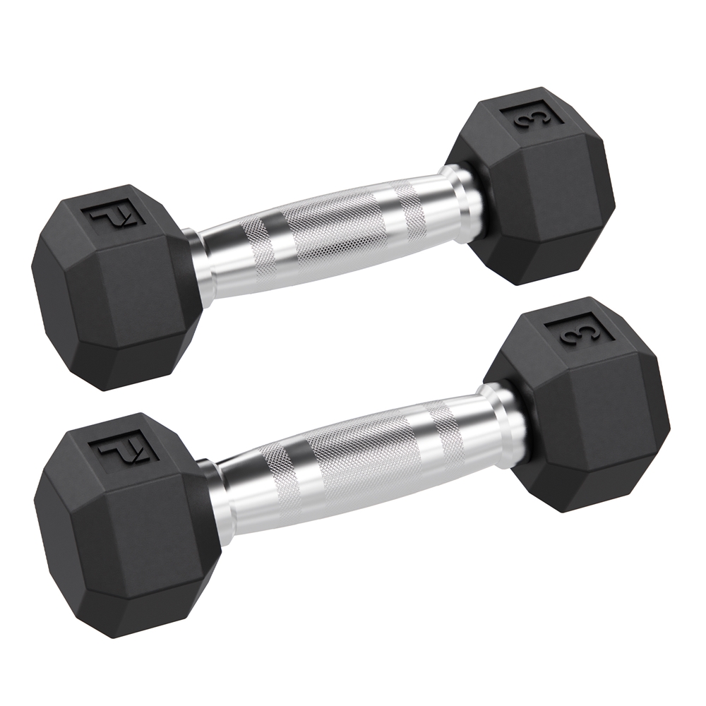 Rubber Hex Dumbbell - 3 lbs Pair, Black