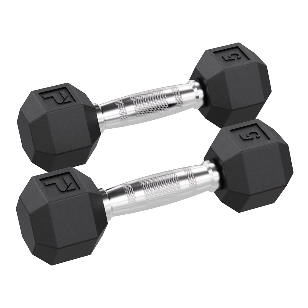 Rubber Hex Dumbbell - 5 lbs Pair, Black