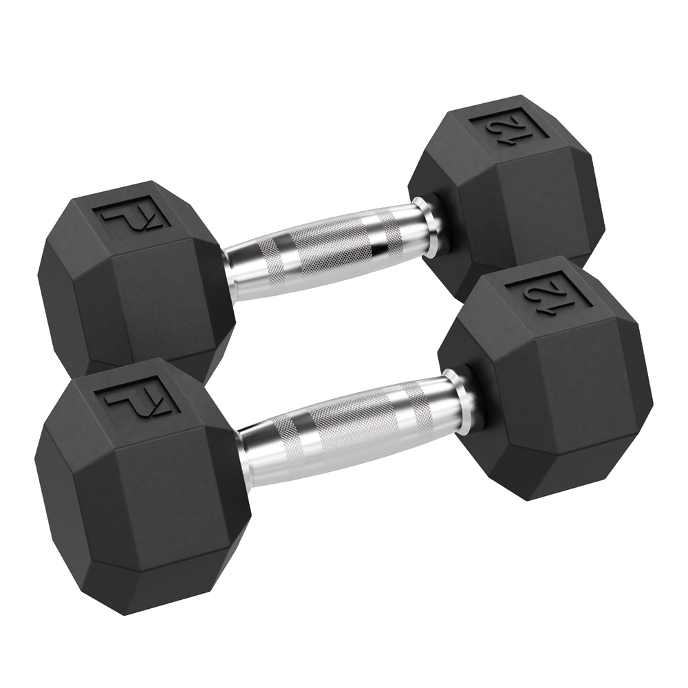 Rubber Hex Dumbbell - 12 lbs Pair, Black