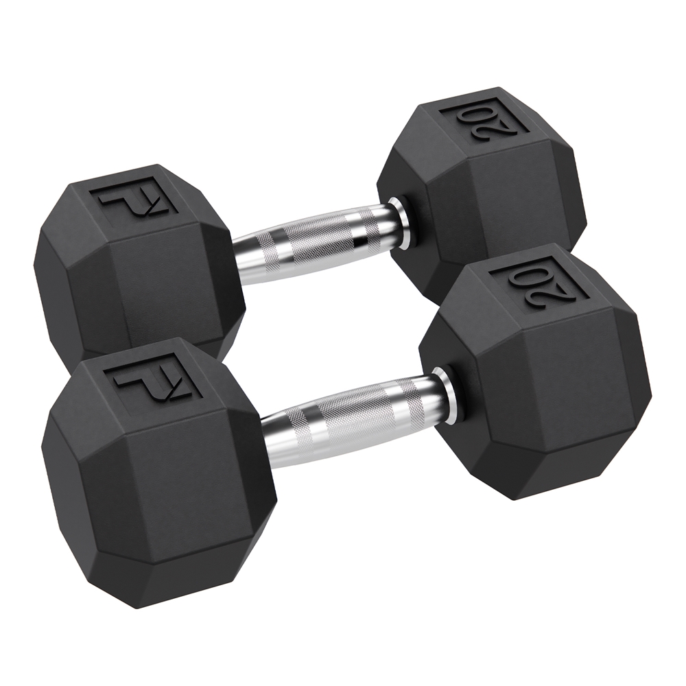 Rubber Hex Dumbbell - 20 lbs Pair, Black