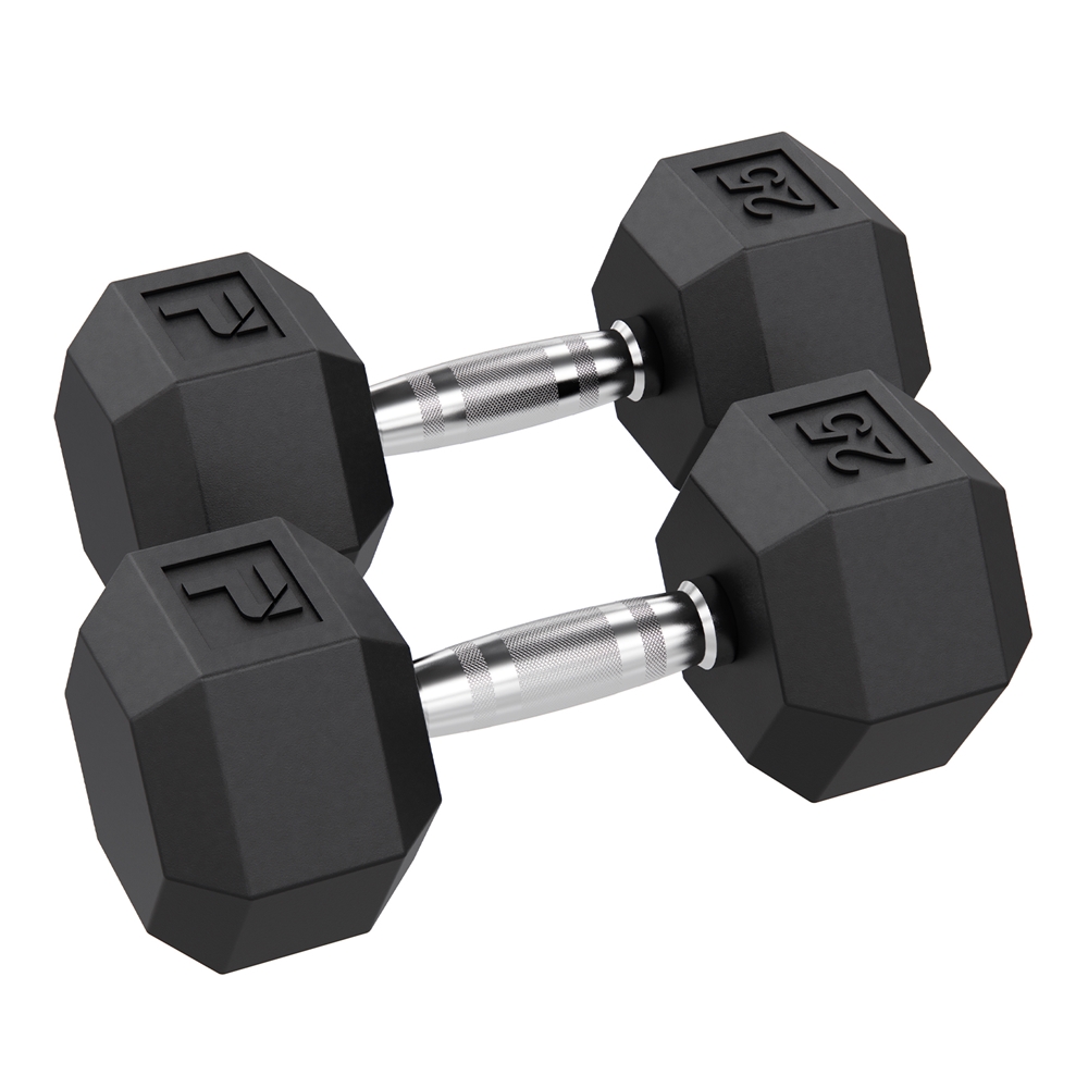 Rubber Hex Dumbbell - 25 lbs Pair, Black