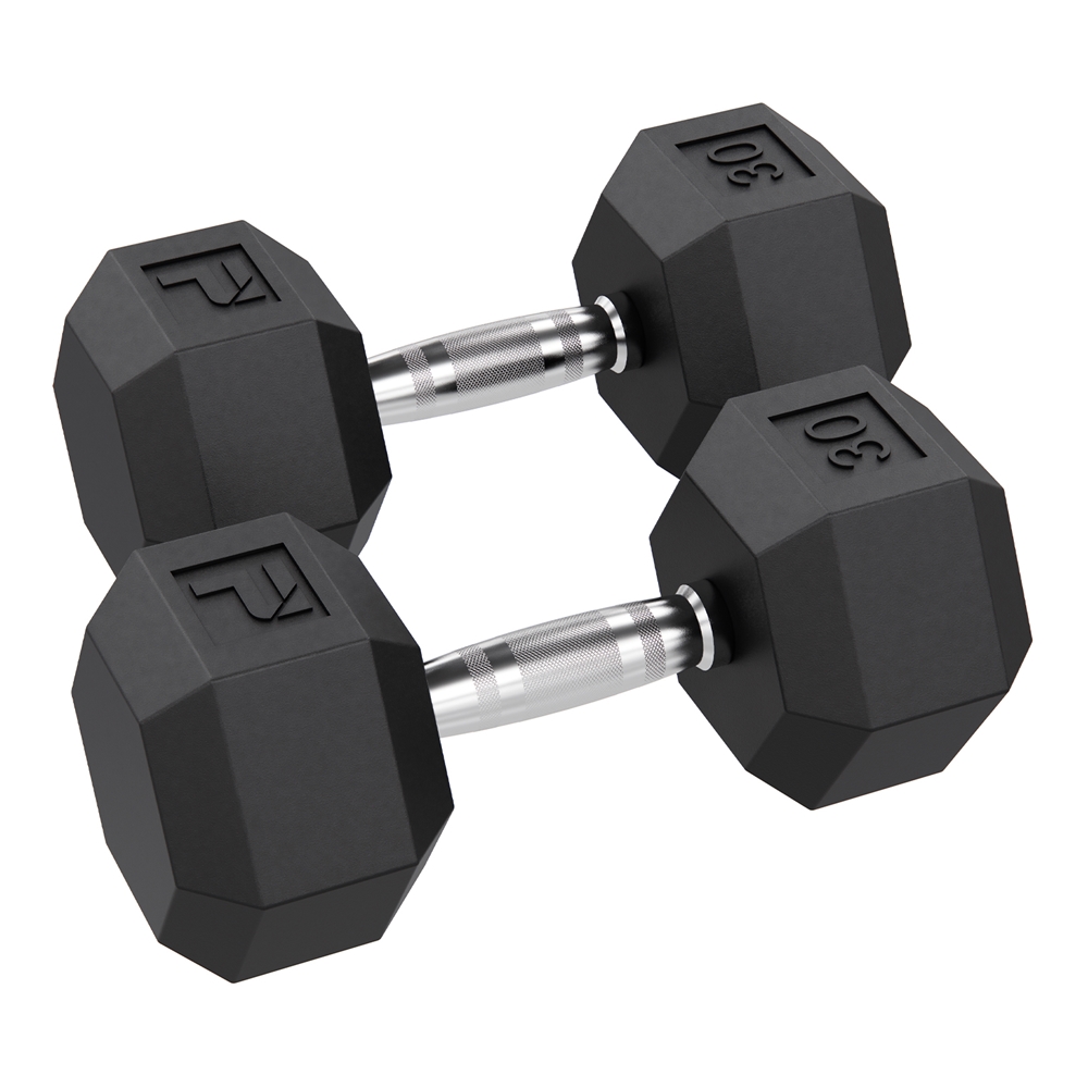 Rubber Hex Dumbbell - 30 lbs Pair, Black