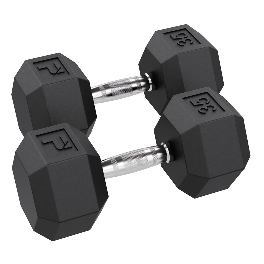 Rubber Hex Dumbbell - 35 lbs Pair, Black