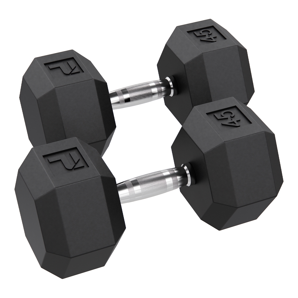 Rubber Hex Dumbbell - 45 lbs Pair, Black