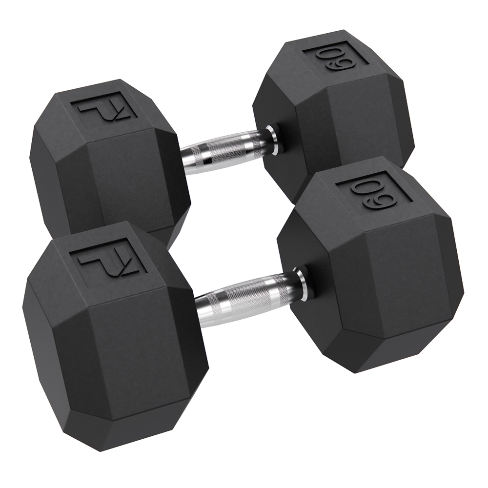 Rubber Hex Dumbbell - 60 lbs Pair, Black