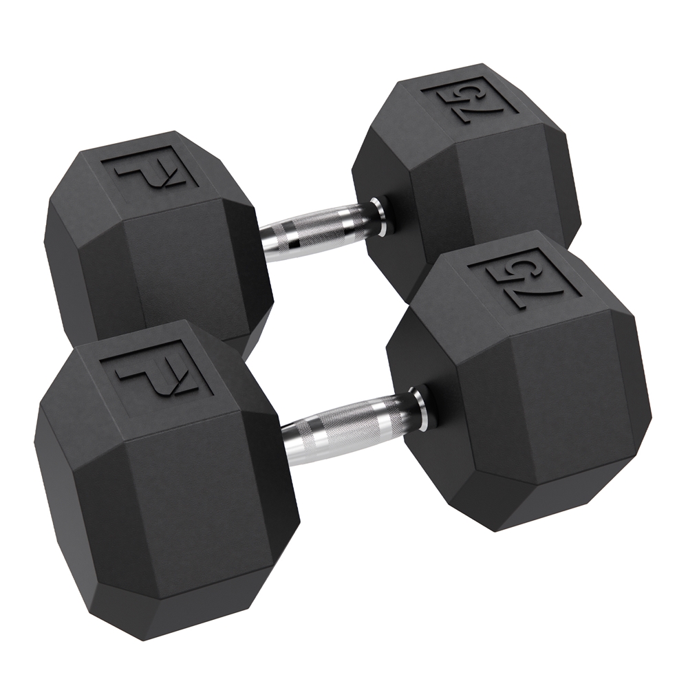 Rubber Hex Dumbbell - 75 lbs Pair, Black