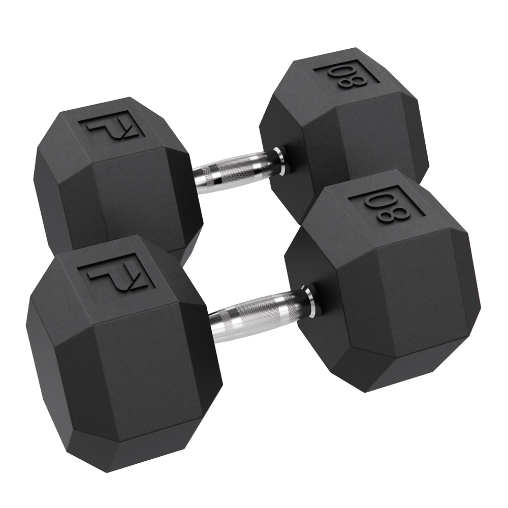 Rubber Hex Dumbbell - 80 lbs Pair, Black