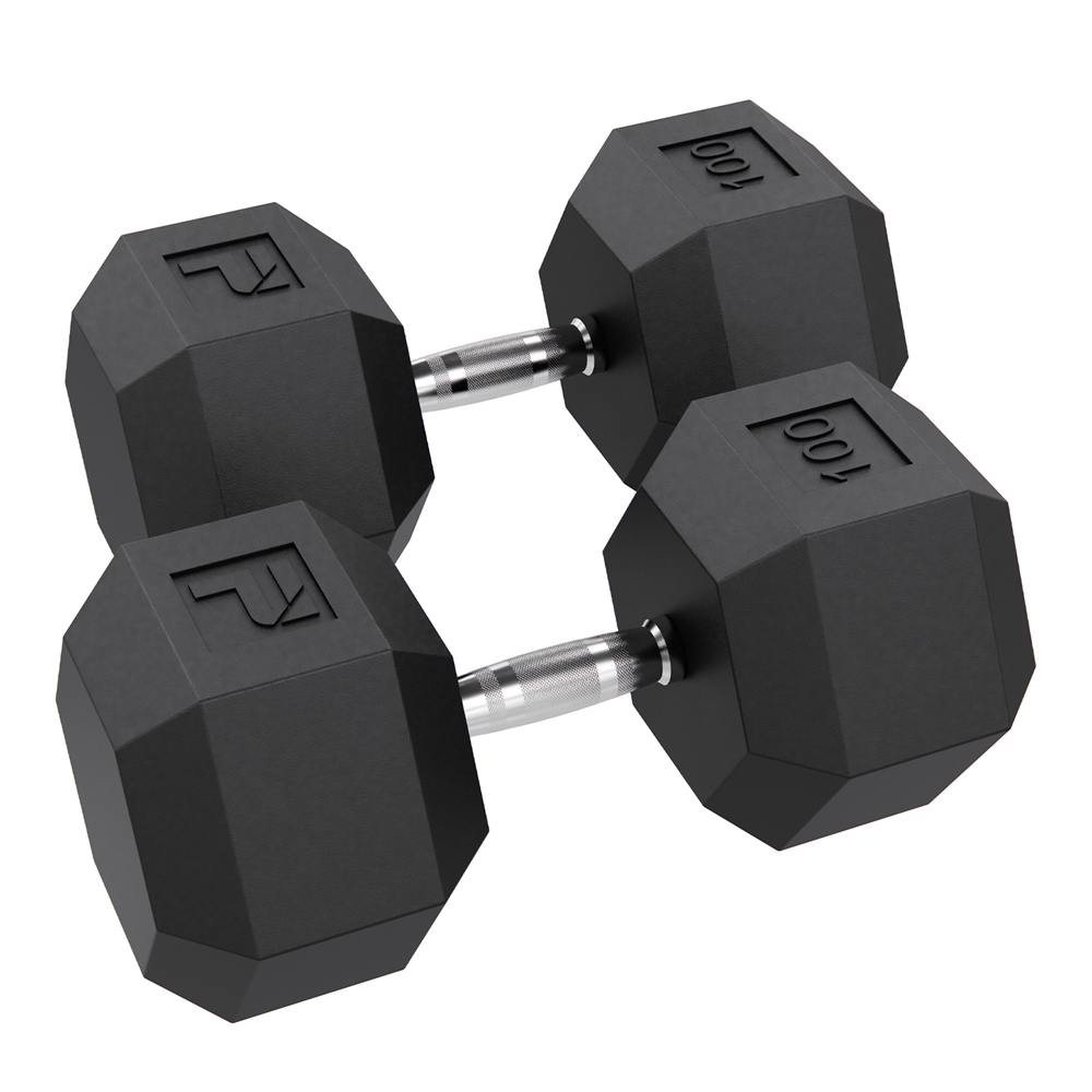 Rubber Hex Dumbbell - 100 lbs Pair, Black